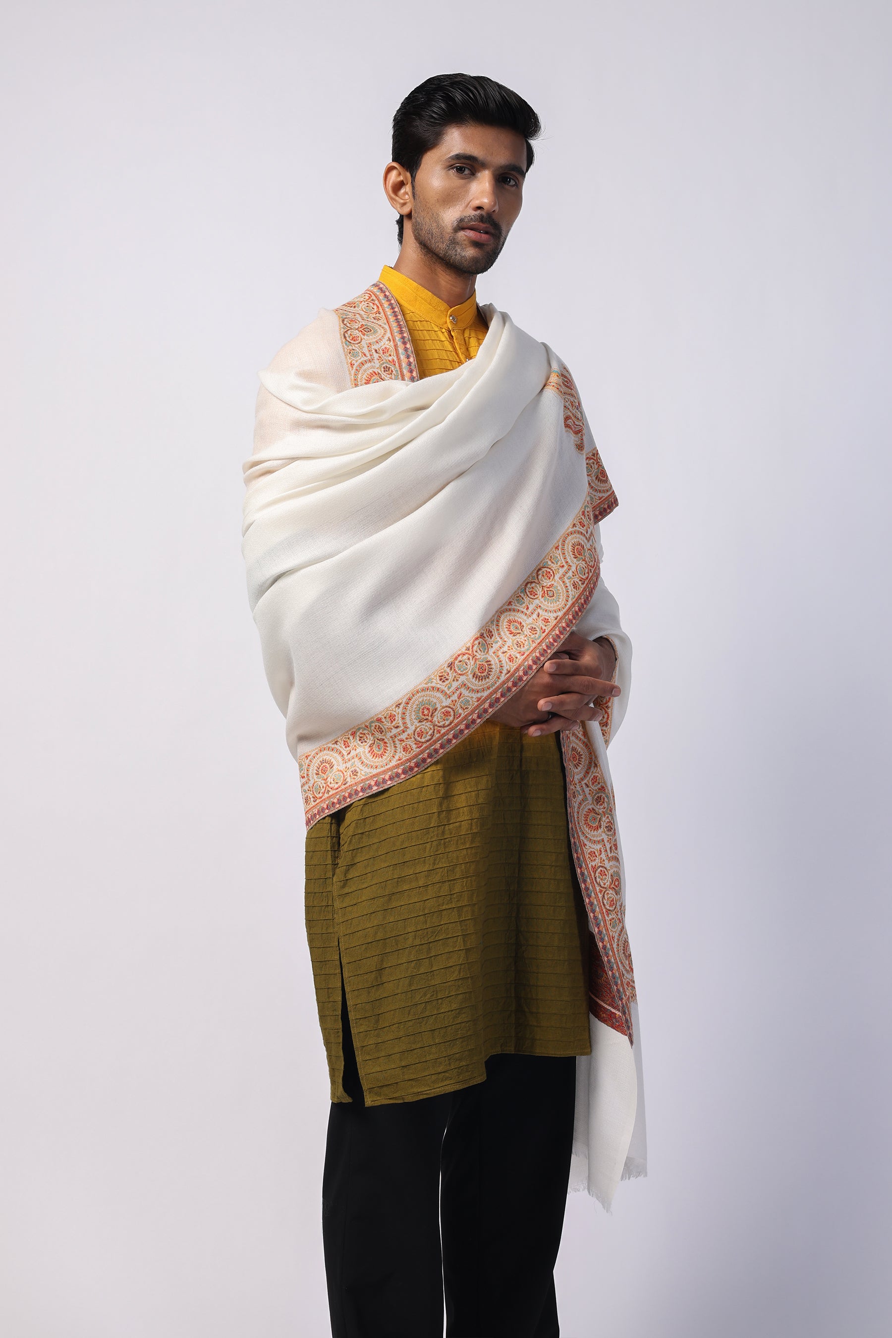 Kashmiri paseley white border premium fine wool men shawl